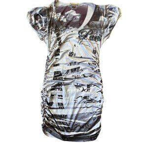 Forever 21 Y2K Dress Womens Medium Body Con Newspaper Print Paris City Chic